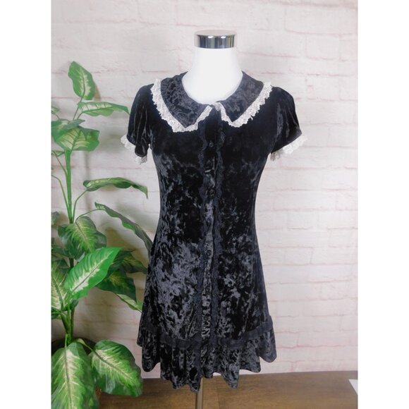 Dolls Kill Grave Girls Black Velvet Wednesday Dress S - Lace Goth - Excellent - Picture 2 of 13